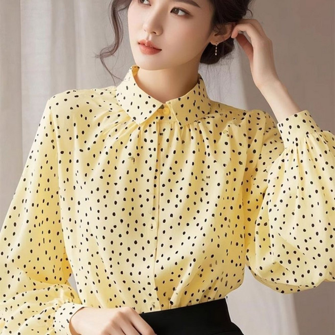 TKX 봄가을 여성용 도트 무늬 긴팔 블라우스 패션 빅사이즈 퍼프소매 여성스러운