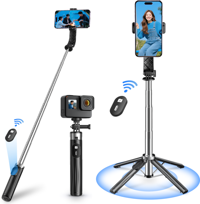 NICESUN 블루투스 휴대폰 삼각대 스마트폰/카메라/고프로 삼각대 셀카봉 103cm P07, 블랙