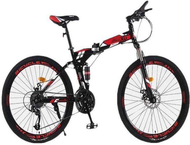 XFeng 입문용 MTB 자전거 기계식디스크브레이크 남녀 공용 접이식자전거, 21단 24인치, 블랙   레드 -스포크 휠, 1개