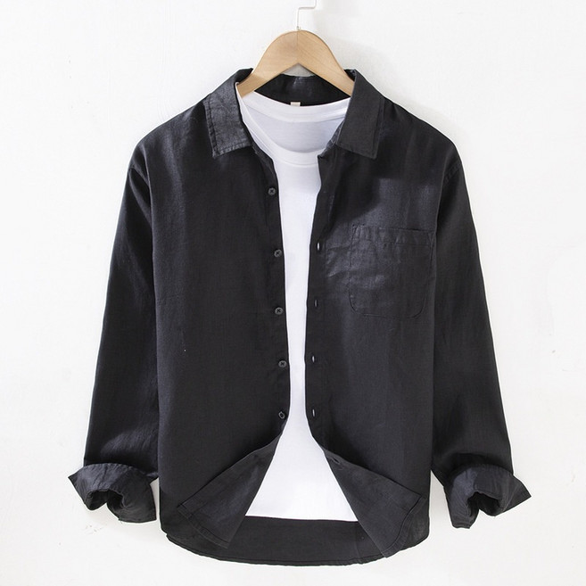 跨境夏季亞麻襯衫男長袖薄款休閒寬鬆大碼工裝白棉麻襯衣