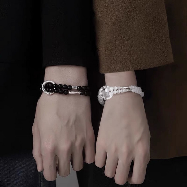 낸스 1+1 흑요석 묘안석 커플 팔찌 천연 원석 남녀공용 우정 선물 세트