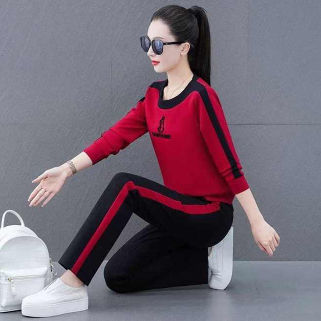 오스틱니 여성 봄가을 라운드넥 심플한 날염 운동 세트 (6가지 컬러)