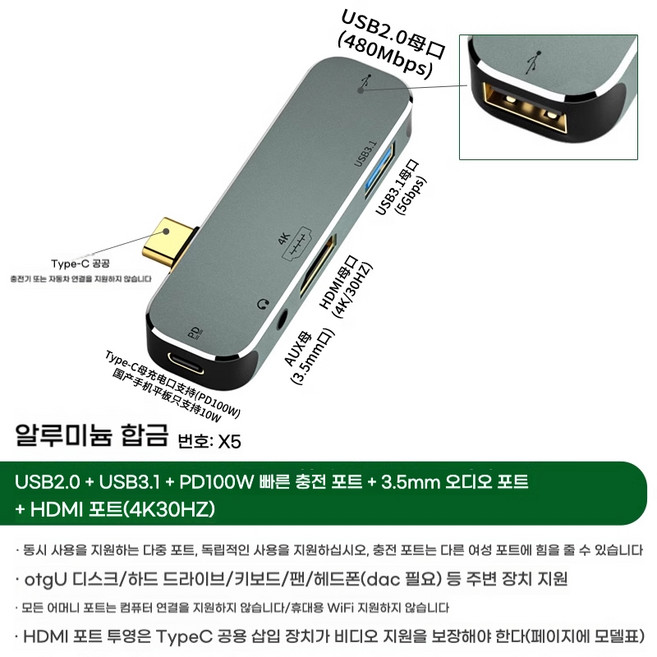 type c 어댑터 OTG 충전 1-2 다기능 변환기 모바일 태블릿 휴대 전화 노트북에 적합, 기타, USB3.1USB2.0HDMI