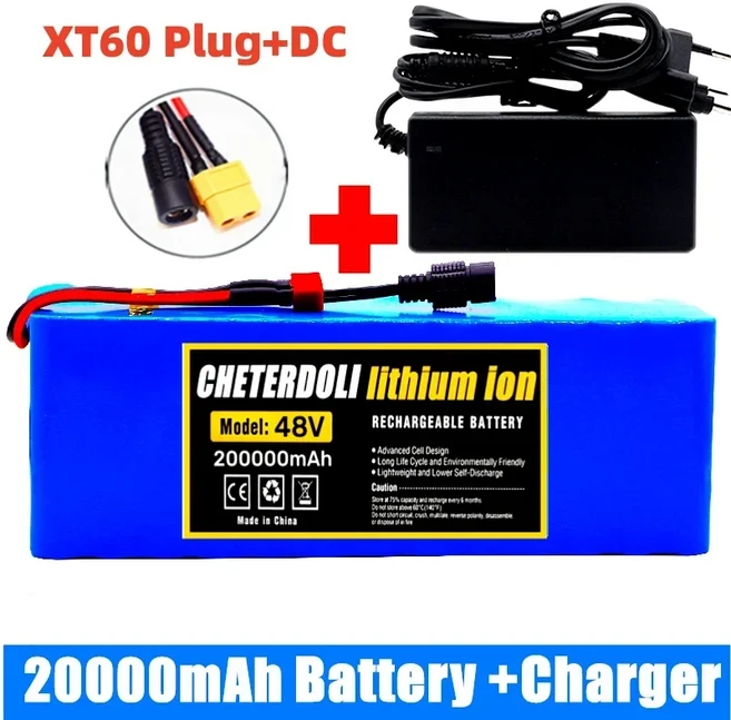 18650 강력한 배터리 팩 50Ah 대용량 리튬 배터리 충전식 리튬 이온 배터리 팩 54.6V 충전기 포함 48V, 06 XT60-DC