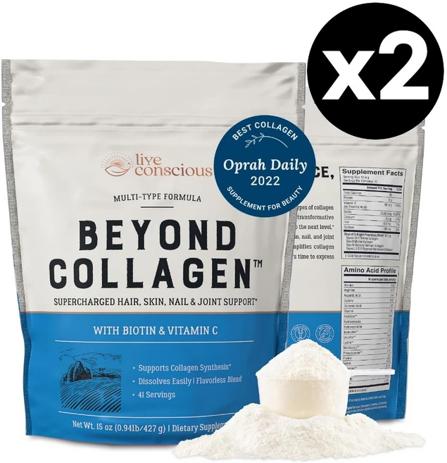 Live Conscious 라이브 컨시어스 Beyond Collagen 콜라겐 파우더 427g x2팩 비오틴 비타민C, 2세트 - 쿠팡