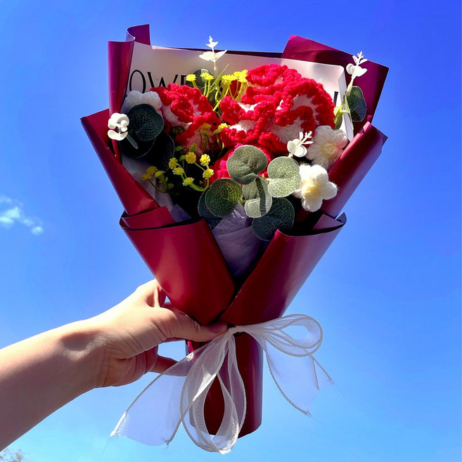 유리까 뜨개꽃다발 니트 꽃 완제품 풍성한 꽃다발, 레드, 1개