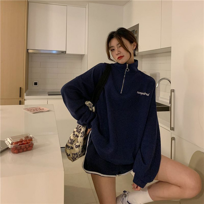 大碼女裝oversize慵懶半拉鏈衛衣薄上衣