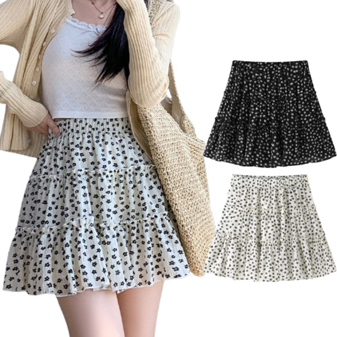 핑크셀럽 플라워 셔링 플레어 스커트 (속바지 일체형)