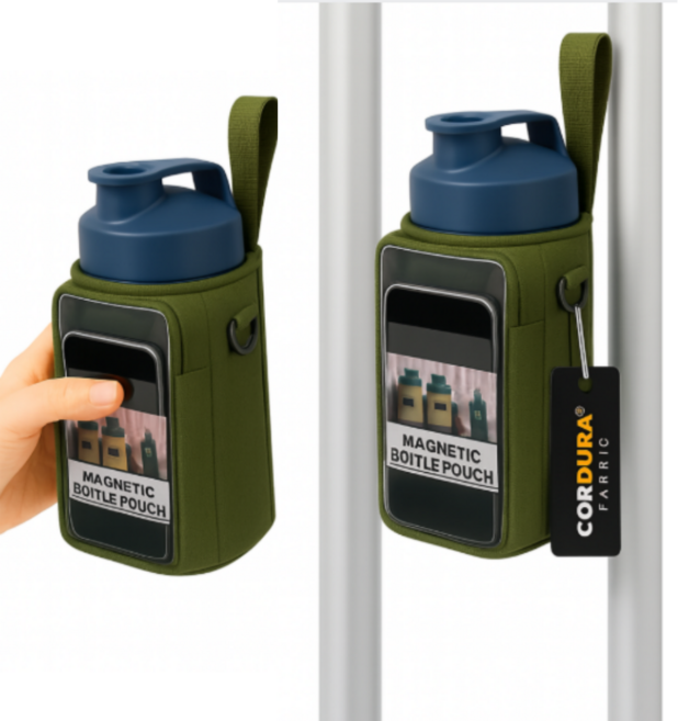 헬킹콩 투명 마그네틱 보틀 파우치 자석 물병 가방 핸드폰 터치, [투명 본체+스트랩]_ 카키, 1개, X