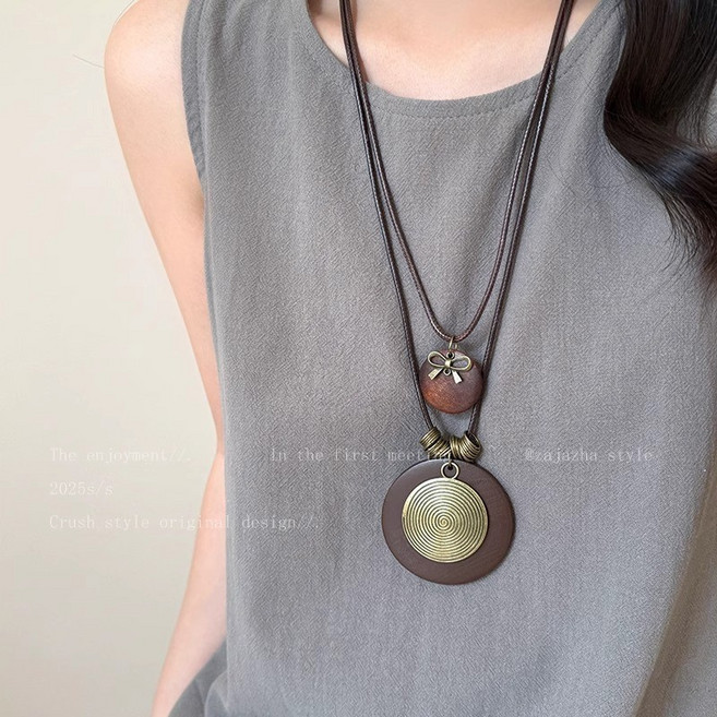 民族風 復古雙層項鍊 木質羽毛吊墜長款鎖骨鏈