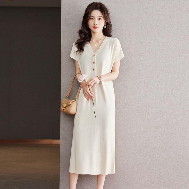 短袖V領冰絲連衣裙, 白色,3XL120.0-150.0公斤, 白色
