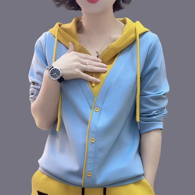 TKX 여성용 배색 후드 티셔츠 봄 가을 코튼 블렌드 캐주얼 통기성 좋은 엄마 패션