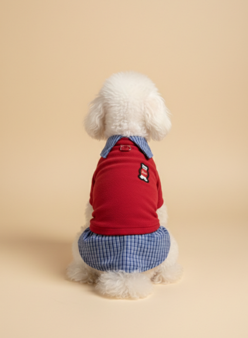 포아틀리에 강아지 체크 셔츠 레이어드 플리스 자켓 가을겨울 보온 데일리 외출용 중소형견 옷, 레드, 1개