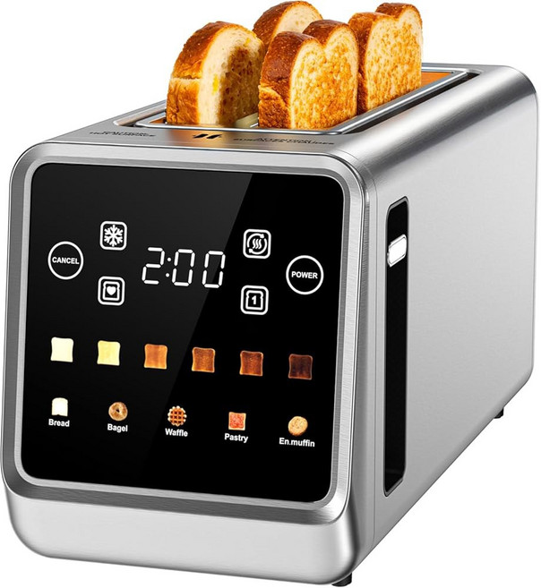 toaster 베이글 및 장인 빵용 4 슬라이스 롱 슬롯 메모리 기능 싱글 모드가 있는 디지털 스마트 터치 스크린 6가지 토스트 설정 5가지 빵 유형 해동 재가열 스테인리스 스틸, 2 슬롯 4 슬라이스