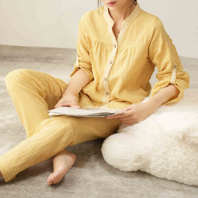 LUMANOKI 이중거즈면 소프트 순면100% 부드러운 여성용 긴팔 홈웨어 잠옷세트