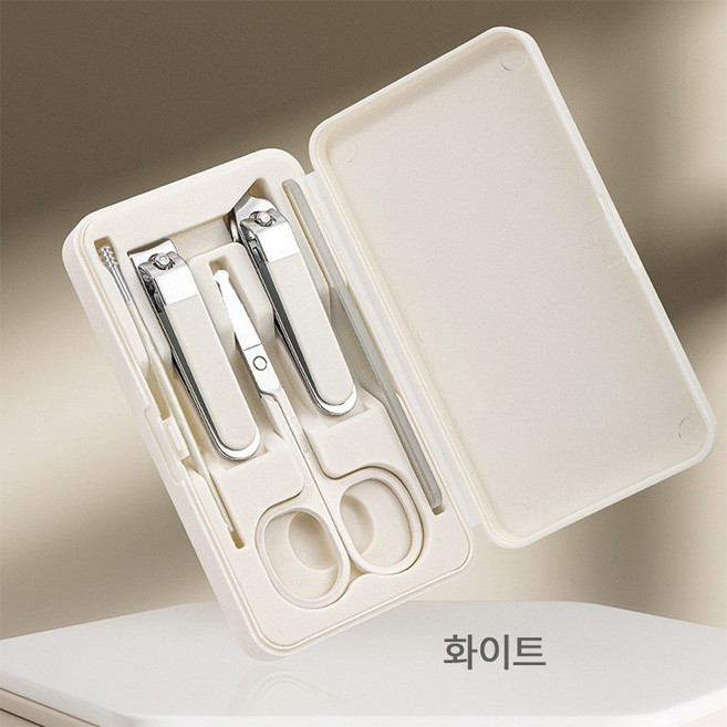 리브온 휴대용 손톱깎이 세트 5종 미니 네일케어 키트 여행용 위생 케이스 포함, 1세트, 화이트
