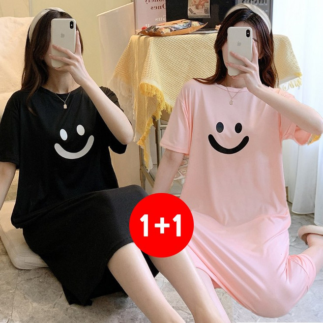 마쿠쿠 1+1 세트 스마일 여성 잠옷 홈웨어 원피스 반팔 롱 티셔츠