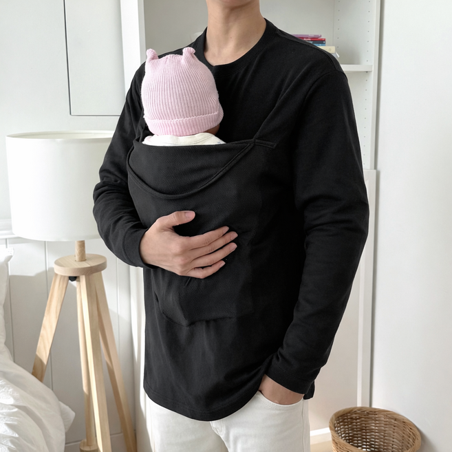 벨라마마 엄마 아빠 메쉬 캥거루포켓티셔츠 등센서 꿀잠템 육아템, 블랙 긴팔