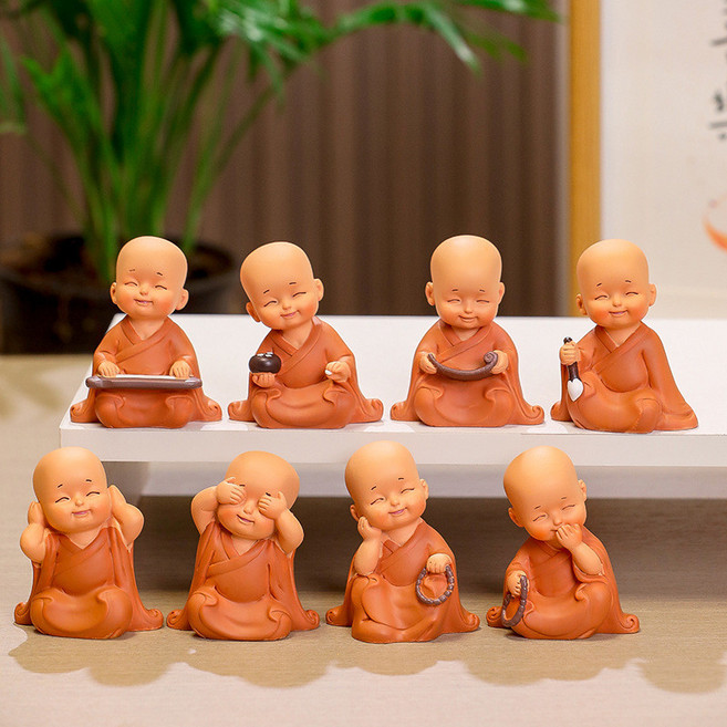 慧能和尚迷你小擺件 新中式禪意小沙彌茶臺裝飾品 居家辦公桌面招財擺飾, 棕色整套不重復【8個裝】