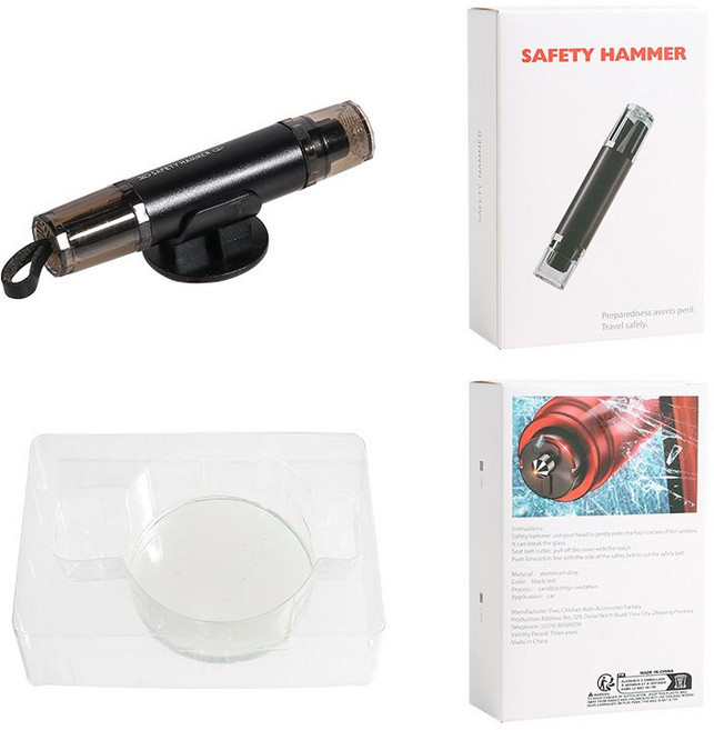 FATTYS 탈출 해머 안전벨트 커터 비상 탈출 도구 세트(도구+지지대+테스트 유리), 블랙, 1개