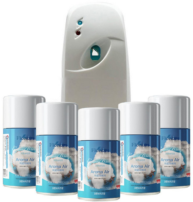 ( 분사기 + 방향제 X 5개 세트 ) 아로마에어 자동분사기 리필 향캔, 분사기 1개 + 코튼브리즈 (향캔 5개), 1세트, 280ml