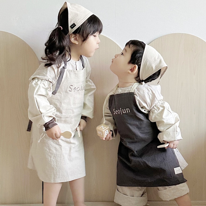 자수 네이밍 린넨 앞치마 세트 두건 팔토시 아기 엄마 앞치마