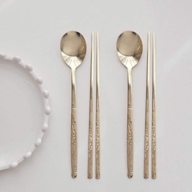 한국 전통 티타늄수저세트 2인 부부수저세트 송학 선물용 수저세트, 1세트, (본품) 티타늄수저 2벌, 골드(티타늄)