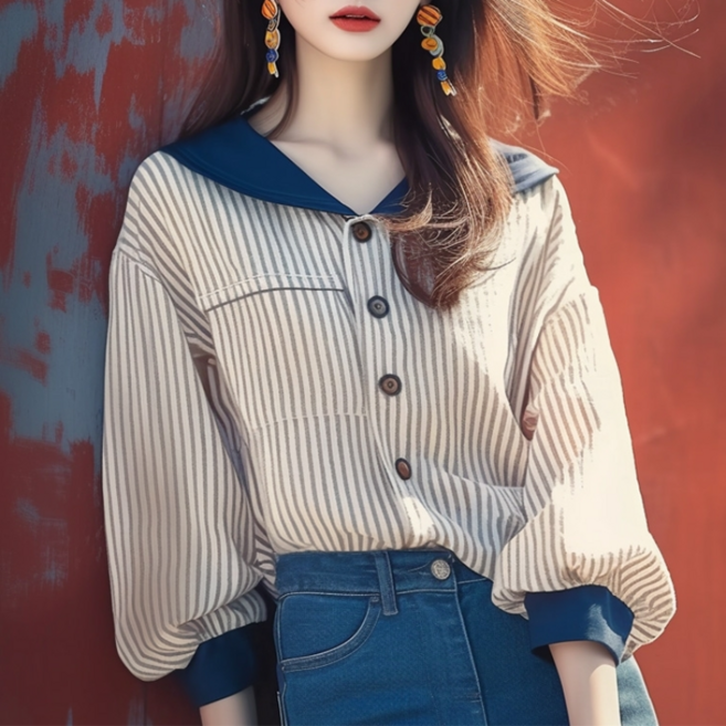 PETITBATH 여성용 세일러 카라 스트라이프 오버핏 블라우스 데일리 캐주얼룩 0250722 CS WH 4330