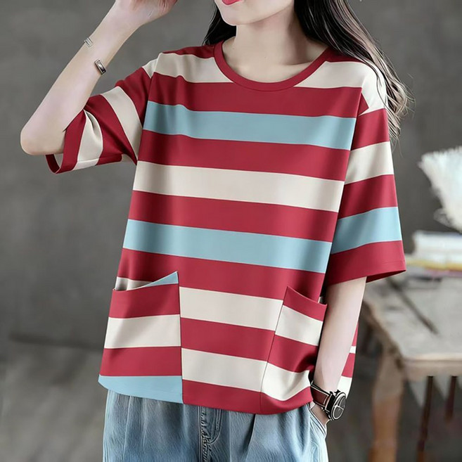 ROYALBELLE 여성 라운드넥 반팔 스트라이프 프린트 포켓 빅사이즈 캐주얼 티셔츠 K0031028
