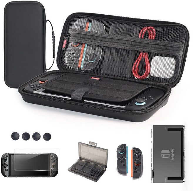 [초특가]잼제이크 닌텐도 스위치2 액세서리 올인원 파우치 7종 세트 휴대용 케이스 충격방지 여행용, 1세트, 블랙, M1368-SH7