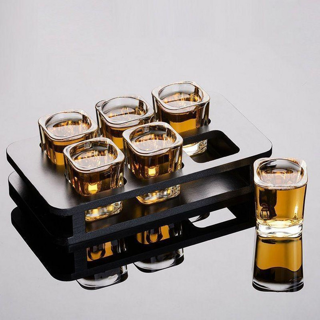 白酒杯 白酒杯 玻璃酒杯 透明 高档酒杯 套装 家用 中式小酒杯 一口杯 小酒盅 酒壶 白酒杯, 1個, 50ml四方盃6衹+盃架, 50ml