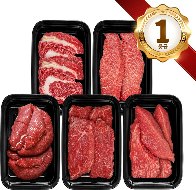 쿠가[냉장냉동] 횡성한우 어사품 1등급 실속 구이 정육 혼합 5구 5호(총1.5kg)[구성 등심+차돌박이+불고기+불고기+국거리], 1개