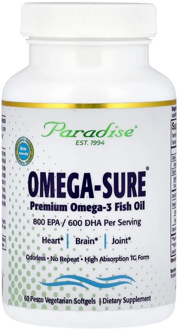 파라다이스 허브 오메가 Sure 프리미엄 오메가3 피쉬 오일 1000mg 페스코 베지 소프트젤 60정, 1개 - 쿠팡