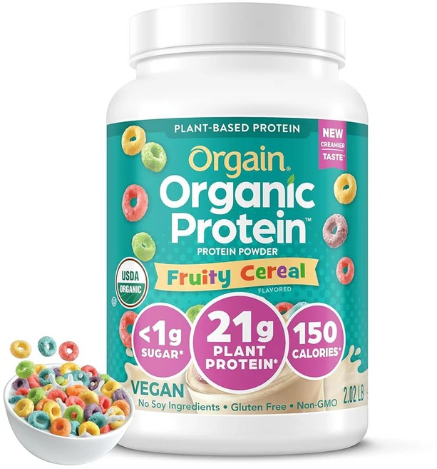 오가인 단백질 파우더 과일 시리얼 - 식물성 단백질 21g 프리바이오틱 섬유 8g 저순탄수화물 유당 성분 없음 무첨가 설탕 비-GMO 쉐이크 앤 스무디용 2.03파운, Orgain 유기농 비건 단백질 파우더, 과일 시리얼, 2.02 Pound (Pack of 1), 1, 910g - 쿠팡