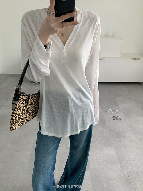 2003新款美式亨利領防曬罩衫 天絲萊賽爾微透薄款 通勤休閒空調衫