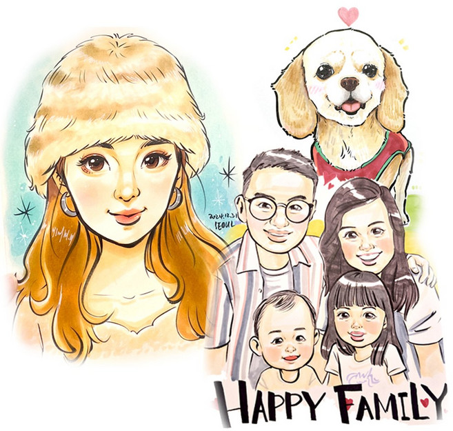 캐리커쳐 100% 손그림 부모님 커플 선물 생일 선물 결혼 기념일 추모 캐리커쳐 액자, 7로미, 3명