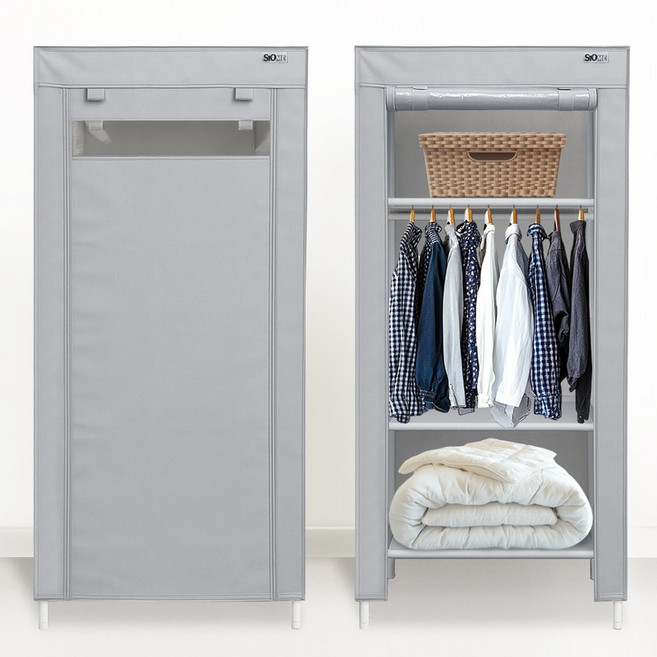 비키니옷장 시스템 커튼 행거 조립식 틈새 간이 옷장 이동식 2단 옷걸이, 뷰키니옷장 800 싱글수납