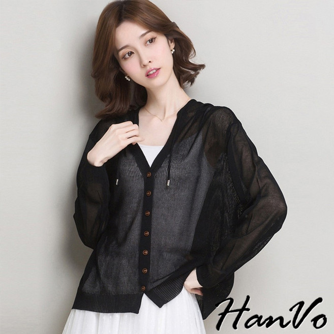 HanVo 韓版落肩針織連帽薄外套