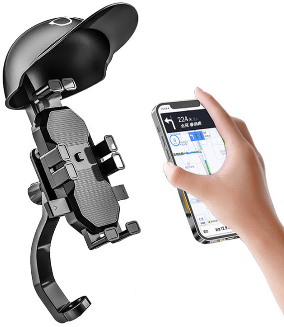機車手機架 腳踏車手機架 遮陽手機架 外送手機支架 擋雨手機支架, 裝左邊後照鏡款手機架, 黑色, 左後照鏡款