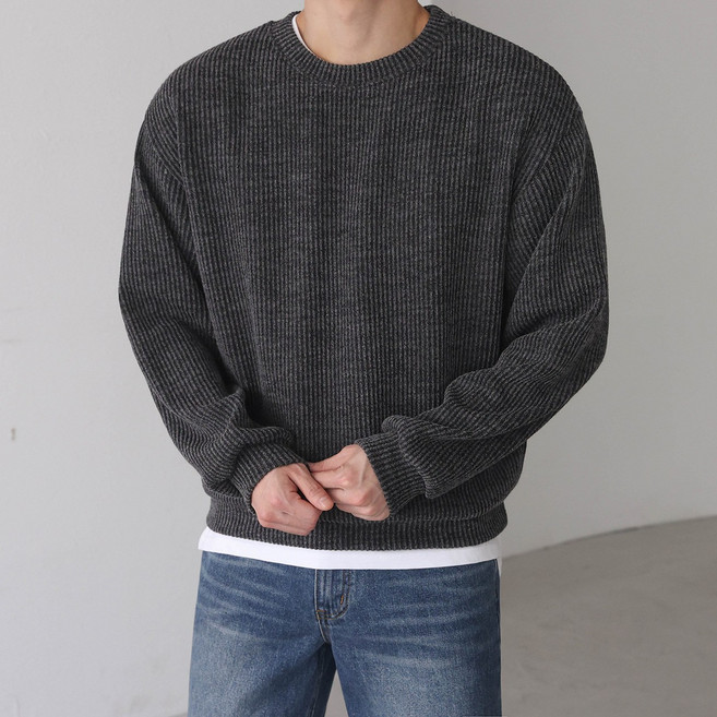 베이직바이블 남자맨투맨 오버핏 니트 골지 스판 기모 긴팔 스웨터 코디