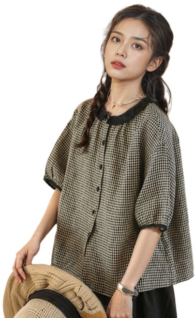 씨플 여성 블라우스 라운드넥 루즈핏 체크무늬 반팔셔츠 심플한 고급 데일리 빅사이즈 남방 셔츠