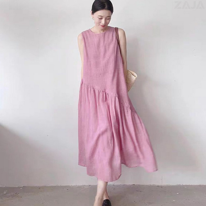 ZAJA 여성 여름 루즈핏 롱 원피스 민소매 린넨 데일리 바캉스룩
