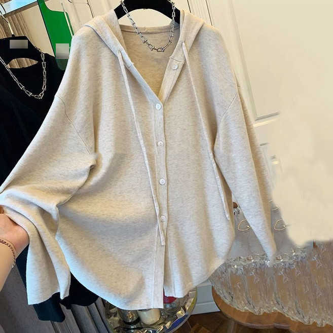 여성 오버핏 니트 상의 빅사이즈 브이넥 후드 티셔츠 체형커버 데일리룩
