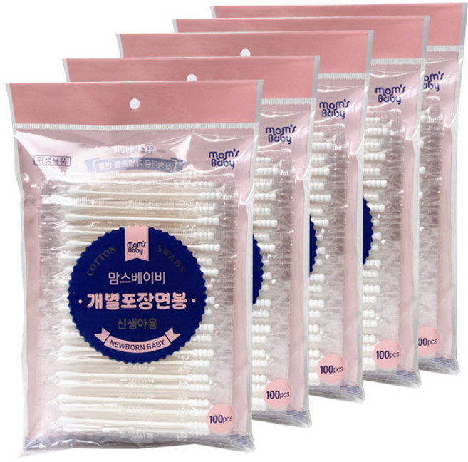 맘스베이비 신생아용 개별포장 면봉, 100개입, 5개