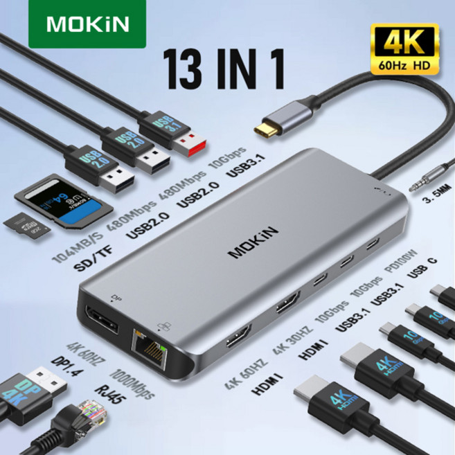 모킨 USB C 허브 PD100W 도킹 스테이션 4K 60Hz 타입 C to HDMI DP 3 USB 3.1 기가비트 이더넷 맥북 프로 에어 M2 M1 허브, [03] 13 in 1(2HDMI DP