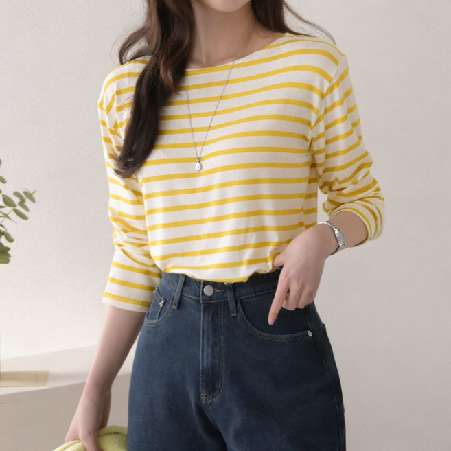 데일리앤 세츠 여성 스판 찰랑 레이온 긴팔 스트라이프 티셔츠 봄 가을