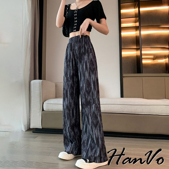 HanVo 冰絲渲染垂感闊腿褲 涼感遮肉顯瘦直筒高腰休閒長褲
