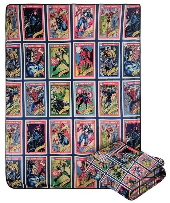 Marvel Legends Comic‑Cards 플리스 담요 - 매우 부드러운 경량 폴리에스터 스파이더맨 ⋅ 캡틴 아메리카 울버린 및 악당 그리드 따뜻한 소파/여행용 담요