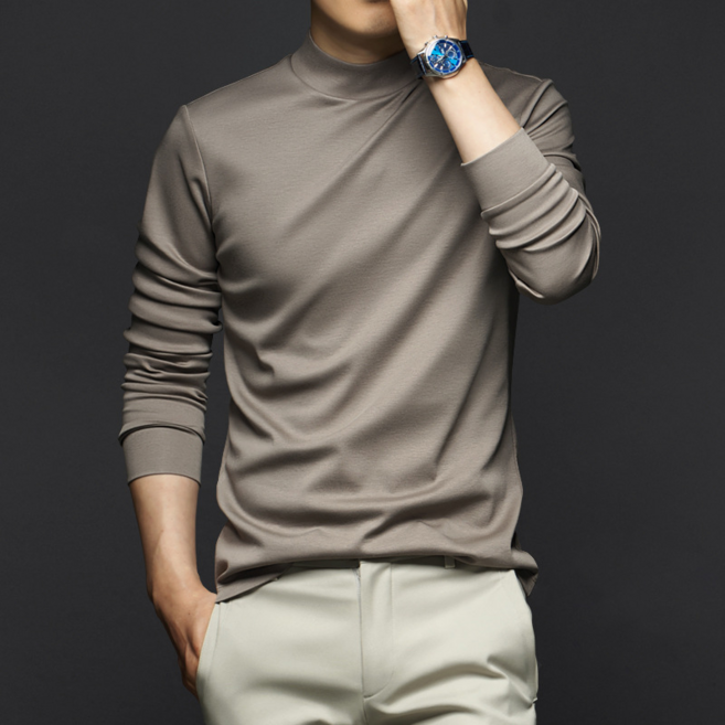 REZENZI 남자 고급 베이직 니트 긴팔 스판 남성 목폴라 실켓 면 긴팔 티셔츠