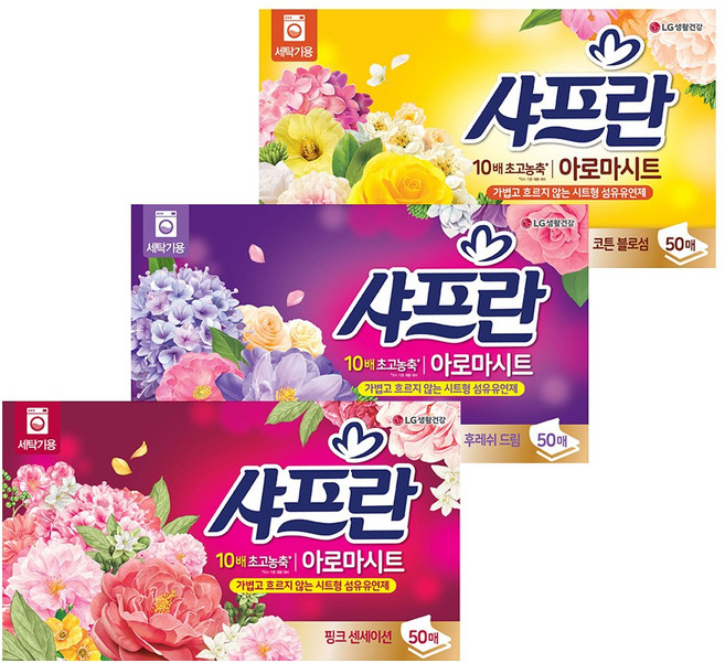 샤프란 아로마 시트 섬유유연제 (코튼블로섬 50매+후레쉬드림 50매+핑크센세이션 50매) 150매, 1개